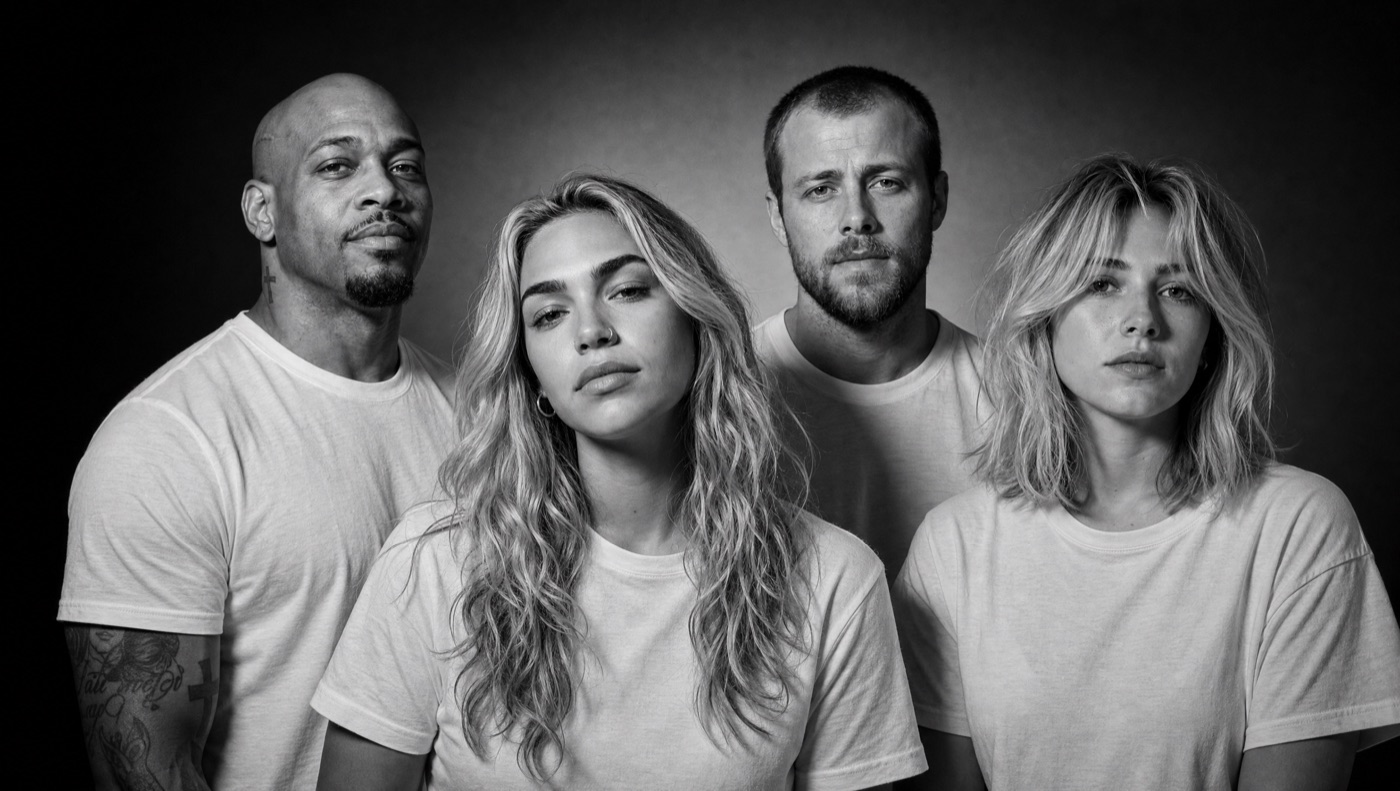 Black and white portrait of four singers in white T-shirts